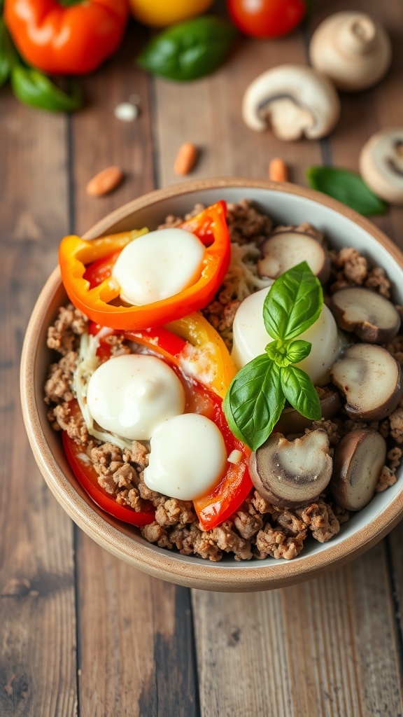 Low Carb Pizza Bowl Recipe A low carb pizza bowl with ground meat, cheese, bell peppers, and mushrooms, garnished with basil.